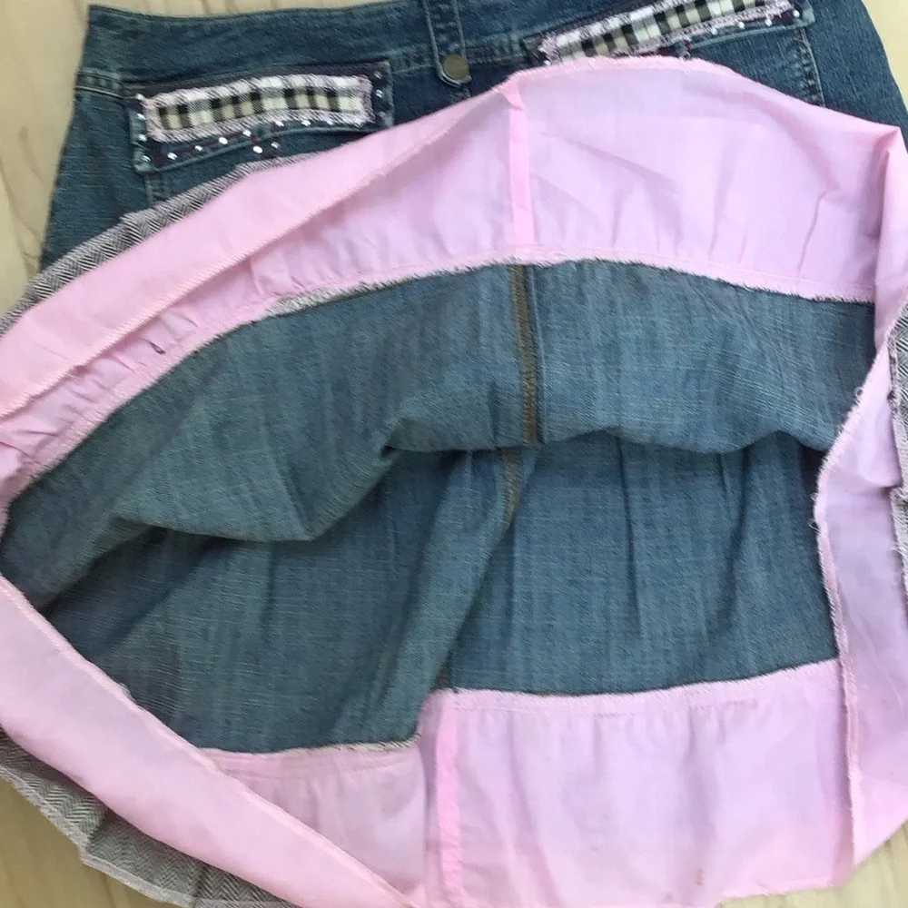 Y2K Rhinestone Bling Plaid Flower Ruffled Blue‎ Jean Denim Pleat Twee Mini Skirt